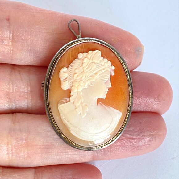 Carved Shell Cameo Grecian Design 925 Sterling Silver Vintage Brooch Pendant - Picture 2 of 16